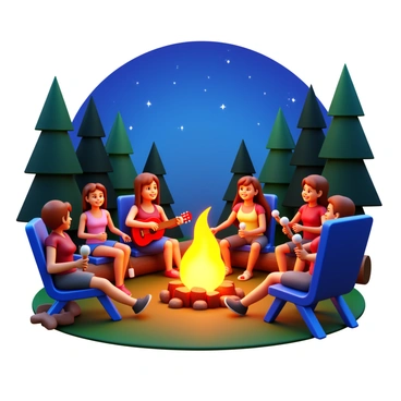 A scene featuring "an artist" focused on "illustrating a live scene." In the foreground, "a group of friends" is gathered around "a campfire," sharing stories and laughter. The friends are "sitting on logs" and " camping chairs," with "various expressions of joy" on their faces. The glowing fire casts "shadows and light" on their faces and the surrounding trees. The background includes "tall trees" silhouetted against a "starry night sky" with "twinkling stars." Some friends hold "guitars or marshmallows" on sticks, while others are "leaning in" toward the fire, creating a warm and inviting atmosphere.