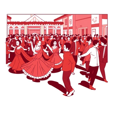 A red baraat procession is filled with people dancing joyfully, showcasing a variety of colorful attire. The dancers are adorned in bright garments, with intricate patterns and embellishments. In the foreground, a group of men is energetically performing traditional dance moves, while women twirl in their vibrant lehengas, creating a lively scene. In the background, a beautifully decorated wedding venue can be seen, with bright lights and floral arrangements, indicating the celebration ahead. The atmosphere is filled with excitement and festivity as the procession makes its way toward the venue.