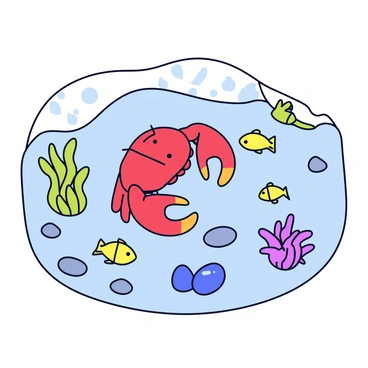 A crawfish with red and orange claws is exploring a tide pool. The tide pool is filled with clear water reflecting the sunlight. Surrounding the crawfish are various colorful marine life, including bright green seaweed, small yellow fish, and vibrant purple sea urchins. There are smooth pebbles at the bottom of the tide pool, creating a contrasting texture. The atmosphere is lively, showcasing the interaction of the crawfish with its environment.