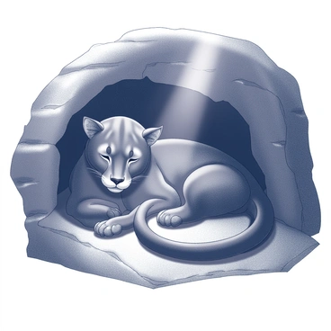 A panther is resting inside a cave, with its body partially concealed in the darkness. The cave walls are rugged and uneven, creating a natural, shaded environment. A narrow beam of light filters through a small opening above, casting a spotlight on the panther's face. The panther's eyes are closed, its face relaxed, showcasing its strong features and sleek fur. The contrast between the shadowy surroundings and the illuminated face highlights the panther's powerful presence.