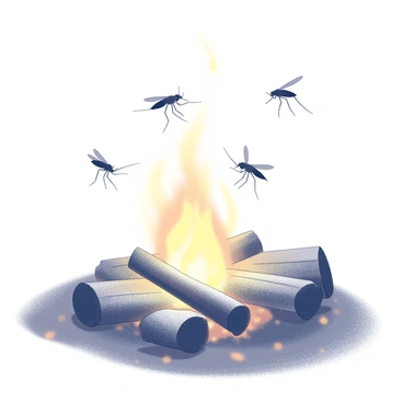 A campfire is crackling in the center of the scene, surrounded by glowing embers. Several mosquitoes are depicted in mid-air, their tiny wings blurred from rapid movement as they dart around the warm light of the flames. The silhouettes of the mosquitoes are highlighted against the backdrop of the night sky, enhancing their active dance. The fire casts flickering shadows on the ground, creating a dynamic atmosphere filled with motion.