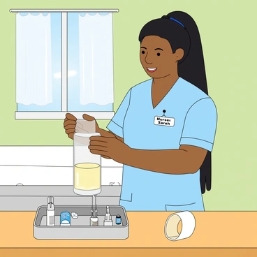A nurse with medium skin and long black hair tied back in a ponytail is standing at a bright countertop in a treatment room. She is wearing light blue scrubs and a name tag that reads "Nurse Sarah." In her hands, she is holding a clear IV bag filled with a pale yellow solution. Next to her, there is a tray with various medical supplies, including syringes, alcohol swabs, and a roll of adhesive tape. The treatment room features a light green wall, a window with sheer curtains allowing soft light to enter, and a patient bed with white linens in the background. The nurse has a focused expression as she carefully prepares the IV bag.