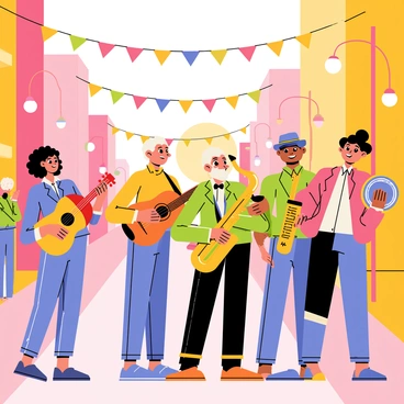 A diverse group of musicians gathered on a lively city street, playing instruments together in a vibrant music jam. There is a young woman with curly hair playing a bright red violin. Next to her, an older man with a white beard is strumming a classic acoustic guitar. A tall man with a fedora hat is playing a saxophone, and a cheerful woman with glasses is rhythmically playing a tambourine. Colorful banners hang overhead, and onlookers are clapping and swaying to the music. Streetlights are illuminating the scene as the sun sets in the background.