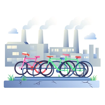 A bicycle rack made of metal is situated in the foreground, filled with various bicycles in bright colors such as red, blue, and green. In the background, large factories are visible, with multiple tall chimneys emitting white smoke into the air. The factories are constructed from gray concrete and have large windows reflecting the sunlight. The sky above is slightly overcast, creating a muted atmosphere. The ground is paved with cracked asphalt, and there are scattered patches of wild grass pushing through the cracks near the bike rack.