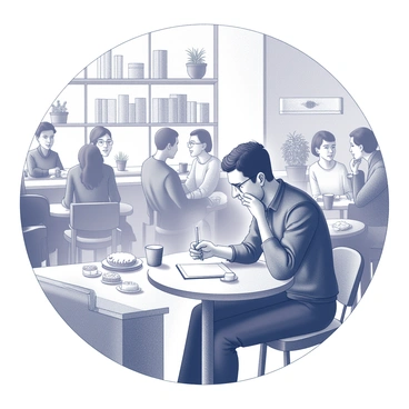 A man is seated at a small round table in a bustling café. He is focused on sketching on a notepad, with a pencil in his right hand. A steaming cup of coffee is placed next to him on the table, slightly to the left. The café is filled with various patrons engaged in conversation, and there are several plates with desserts and pastries on nearby tables. The background includes shelves filled with books and potted plants, contributing to the lively atmosphere.