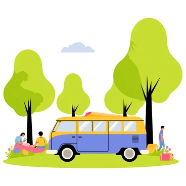 A colorful VW bus parked on a green grassy area in the city park. The bus is painted in bright shades of blue and yellow, capturing attention with its distinctive shape. Surrounding the bus are several tall trees with lush green leaves providing shade. A few people can be seen in the background, enjoying a sunny afternoon, some sitting on blankets and others walking. Bright flowers are blooming in the flower beds nearby, adding splashes of color to the scene. The sky is clear with a few fluffy white clouds floating by.
