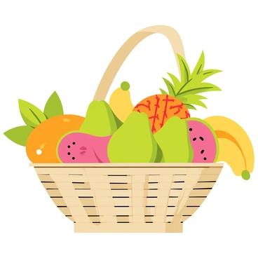 A fruit basket made of woven wicker, featuring a variety of tropical fruits. The basket is overflowing with ripe guavas, showcasing their green and pink hues. Surrounding the guavas are bright orange mangoes, yellow bananas, and red pineapples. The scene is vibrant, with the fruits glistening as if freshly picked. Green leaves are interspersed among the fruits, adding to the natural look of the arrangement.