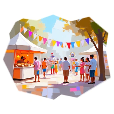 A lively village fair taking place in a bustling open area filled with various games and stalls. Colorful banners are strung between trees and poles, fluttering in the breeze. There are several stalls displaying handmade crafts and delicious food, such as freshly baked bread and candy. Groups of people, including families and children, are enjoying the festivities, with kids laughing as they try their luck at ring toss and darts. In the background, a clown entertains a small crowd, while a juggler showcases their skills nearby. The scene is vibrant and bustling, filled with the joy of the community coming together.