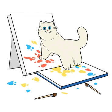 A fluffy white cat with bright blue eyes is standing on a large white canvas. Its paws are covered in splatters of different colors like red, yellow, and blue. The cat is playfully stepping, leaving behind a trail of vibrant paw prints in various shapes. The canvas is positioned on an easel, and there are several paintbrushes scattered around on the ground. The scene is bright and lively, capturing the cat's playful nature as it explores its artistic side.