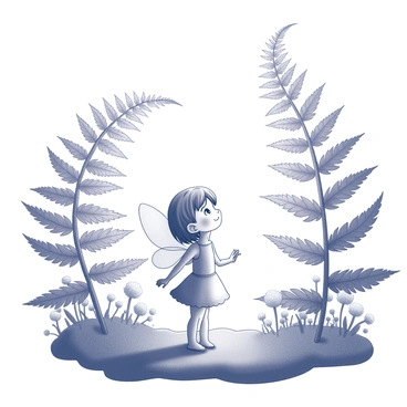 A tiny fairy with delicate wings is standing on a moss-covered ground. She gazes upwards in awe at towering fern leaves that stretch high above her. The ferns have intricate, feathery patterns and create a canopy that filters light above. Surrounding the fairy, there are various small flowers peeking through the greenery. Her expression shows wonder and curiosity as she stands amidst the lush, dense foliage of the enchanted forest.
