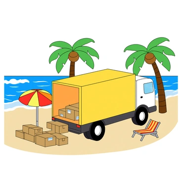 A large moving truck with a bright yellow body and a white cab is parked with its back doors open. Several cardboard boxes, some labeled with "fragile" stickers, are being unloaded onto the sandy ground. Nearby, a group of tall palm trees sways gently in the breeze, their green fronds creating a tropical atmosphere. In the background, the ocean waves crash rhythmically against the shore, glistening under the sunlight. A beach umbrella in vibrant colors stands next to a beach chair, adding to the coastal scene.