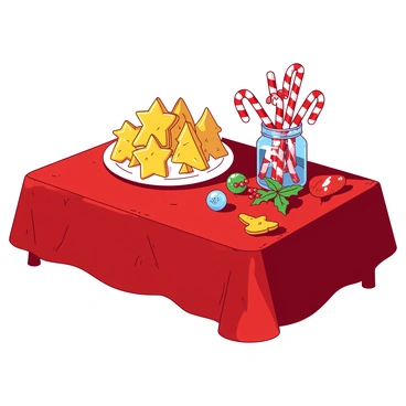 A red tablecloth covers a wooden table, creating a vibrant backdrop for the festive display. On the table, there are various holiday sweets, including a plate piled high with golden gingerbread cookies shaped like stars and trees. Next to the cookies, there are several striped candy canes arranged in a colorful glass jar, their red and white stripes contrasting beautifully. Small decorative items such as shiny green ornaments and a few sprigs of holly with bright red berries are sprinkled around the sweets, adding to the festive atmosphere. A warm light source above casts a gentle glow over the scene, enhancing the cheerful holiday spirit.