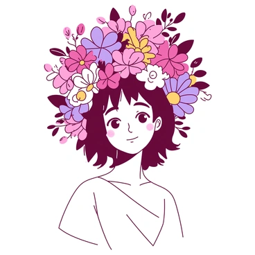 A person stands with a serene expression, their head adorned with a vibrant array of flowers instead of hair. The flowers burst forth in various shades, creating a lively crown of petals, with some blossoms large and others small, ranging in shapes and textures. The person's face is framed by the colorful blooms, highlighting their bright eyes. Their shoulders are draped with a light-colored garment, and the background features soft, diffused lighting that emphasizes the floral arrangement atop their head.