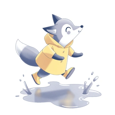 A fox is wearing a yellow raincoat and matching boots. It is playfully splashing through puddles on a rainy day. The fox has a bushy tail and pointed ears, with water droplets flying around as it jumps from one puddle to another. The ground is wet and reflects the surroundings, creating a dynamic scene of movement and fun. The expression on the fox's face is joyful as it enjoys the rainy weather.