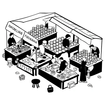 A historical depiction of a bustling fish market filled with numerous stalls. Each stall features large wooden tables covered with various types of tinned fish, with labels attached to the cans. There are customers interacting with vendors, inspecting the products. Some vendors are displaying fresh fish alongside the tinned items, while others are arranging their merchandise. Shadows cast by overhead awnings create a contrast in the scene, enhancing the lively atmosphere. Scattered fish scales and other remnants indicate recent activity in the market.
