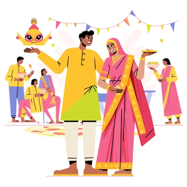 A Maharashtrian couple dressed in traditional attire is enjoying the colorful festivities of the Dussehra festival. The man is wearing a bright yellow kurta and a green dhoti, while the woman is adorned in a vibrant pink saree with intricate golden patterns. In the background, there are decorative banners and colorful rangoli designs on the ground. The couple is surrounded by people celebrating, with smiles on their faces. In one hand, the man is holding a decorated effigy representing the festival, and in the other hand, the woman is holding a plate of sweets. Bright lights and festive decorations fill the scene, enhancing the joyful atmosphere of the celebration.