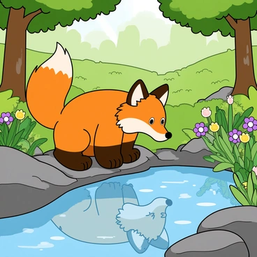 A vibrant orange fox with a bushy tail is crouched near a clear, bubbling stream. The fox is looking intently at its reflection on the water's surface, which captures its bright eyes and fluffy fur. Surrounding the stream are lush green plants and colorful wildflowers, adding a lively feel to the scene. The sunlight filters through the trees above, creating dappled patterns on the ground and shimmering on the water. The fox's ears are perked up, and its front paws are slightly forward, emphasizing its curiosity.
