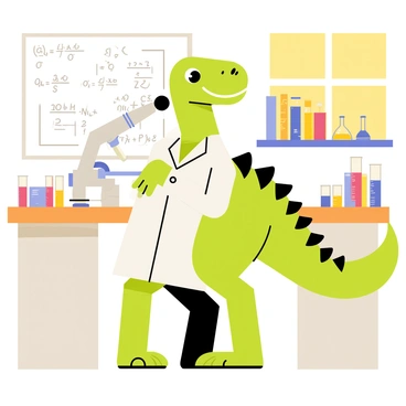 A dinosaur wearing a white lab coat stands on two legs, peering intently through a silver microscope. The dinosaur has green scales and a friendly expression. The science lab is filled with colorful test tubes and beakers on a wooden countertop, showcasing various liquids in bright colors. A chalkboard in the background is filled with mathematical equations and diagrams. Several science books are stacked on a nearby shelf, and a window lets in bright sunlight, illuminating the lab.
