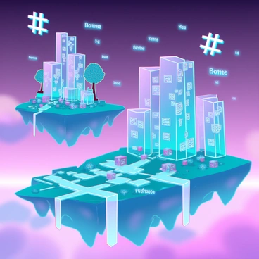 Floating islands in the sky, each with a unique digital landscape and hashtag structure