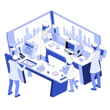 A futuristic laboratory filled with scientists and robots collaborating on advanced technologies. The lab features sleek, high-tech equipment and holographic displays illuminating the space. Scientists, wearing lab coats and safety goggles, are engaged in discussions, analyzing data on tablets and computers. Robots with articulated limbs are assisting with experiments, some holding test tubes while others are adjusting complex machinery. Large windows reveal a view of a city skyline in the background. On one of the workstations, a 3D printer is actively producing intricate designs, while on a nearby table, various electronic components are neatly arranged.