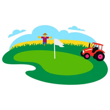 A golf hole with a neatly trimmed green surrounded by vibrant fields of crops. The golf hole features a white flag waving gently in the wind. In the background, a traditional scarecrow stands tall among the crops, wearing a plaid shirt and a straw hat. To the side, a bright red tractor is parked, its shiny paint contrasting with the green of the fields. The sky above is clear with a few fluffy clouds.