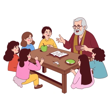 An elder with gray hair and glasses is sitting at a wooden table, sharing stories about "Haft-Sin" traditions. The elder is animatedly gesturing with one hand while holding a small book in the other. Surrounding the table are several children, each with eager expressions, listening intently. The table is adorned with various items representing the "Haft-Sin" setup, including a green apple, a garlic bulb, and a mirror. The children are of diverse backgrounds, reflecting a variety of hair colors and clothing styles, contributing to a warm and inviting atmosphere.
