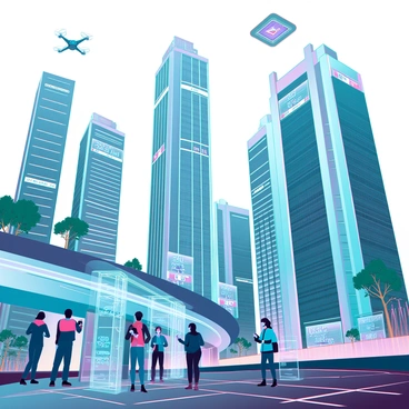 A futuristic cityscape filled with towering skyscrapers made of reflective glass and steel, showcasing advanced architectural designs. The streets are bustling with people using handheld devices that display holographic interfaces, illustrating the integration of Ethereum technology into daily life. Autonomous vehicles glide silently along the roads, operating on smart pathways embedded with digital lights. Green spaces are interspersed throughout the urban environment, with vertical gardens climbing the sides of buildings. Holographic advertisements float above, promoting decentralized applications and cryptocurrency exchanges. The skyline is dotted with drones delivering packages, and solar panels can be seen on rooftops, emphasizing sustainability in this high-tech world.