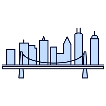 A simple line art of a city skyline with tall buildings and a bridge