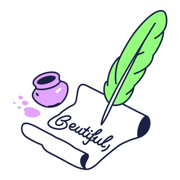 A quill pen with a delicate feather is poised above a piece of parchment. The quill is slightly angled, as if just about to write. The parchment is rolled at the edges, displaying a smooth, aged surface. Elegant, flowing letters are forming on the parchment as if capturing "beautiful words." In the background, a small ink pot rests, with a few drops of ink glistening at the edge. The scene is illuminated softly, highlighting the intricate details of the quill and the texture of the parchment.