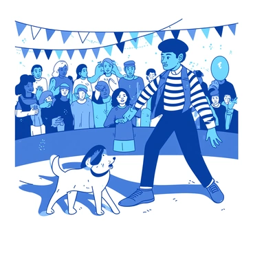 A duo of performers is captivating the audience at a lively street festival. A blue mime artist is dressed in classic black and white attire, complete with a striped shirt and a beret. Next to the mime, a small white dog is mirroring the mime's movements with precision. The dog is wearing a matching tiny beret, adding to the charm of the performance. Around them, a diverse crowd is watching with smiles, and colorful festival decorations hang overhead, creating a festive atmosphere. The scene is lively, filled with expressions of joy and wonder from the audience.