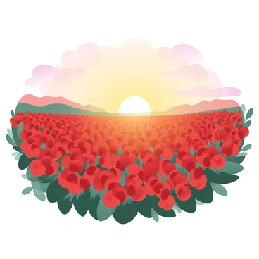 A vast field filled with vibrant red poppies is extending toward the horizon. The flowers are densely packed, creating a sea of red that contrasts beautifully with the greenery surrounding them. Above the field, a warm, golden sunset is casting a gentle light, illuminating the poppies and enhancing their vivid color. The sky is adorned with soft hues of orange and pink, blending seamlessly with the golden rays of the setting sun. Silhouettes of distant hills can be seen in the background, adding depth to the landscape.
