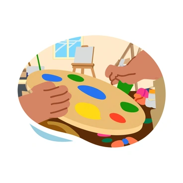 A pair of hands mixing vibrant colors on a wooden artist's palette. The palette is filled with bright shades of blue, yellow, red, and green, creating a colorful swirl. The background shows a cozy artist's studio with scattered art supplies and a canvas on an easel. Soft light filters in through a window, illuminating the hands and the palette, showcasing the energy of creativity in the space.