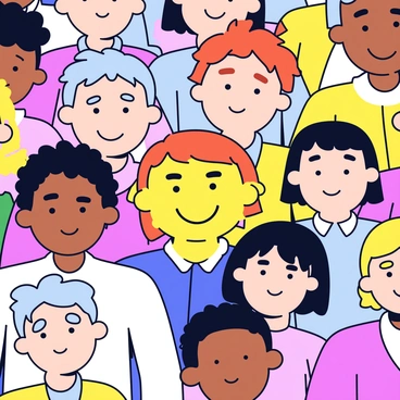 A crowd of people with serious expressions, featuring a variety of hairstyles and clothing colors. In the center of the crowd, there is a smiling face with bright eyes and a wide grin. The happy face stands out clearly against the somber demeanor of the others surrounding it. The background is filled with different expressions that emphasize the contrast between joy and seriousness.