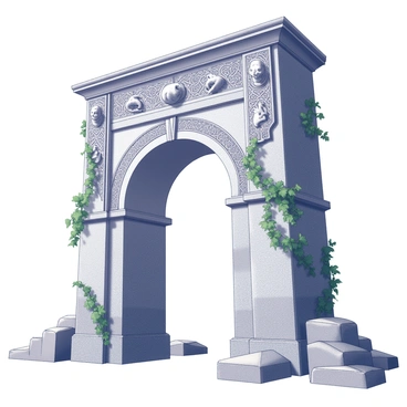 An ancient city gate stands tall and majestic, constructed from weathered stone. The gate features intricate ornamental carvings depicting mythical creatures and geometric patterns that showcase the craftsmanship of a bygone era. Vines wrap around the stone structure, intertwining with the carvings, their tendrils reaching towards the archway. The arch itself is wide and imposing, inviting visitors into the heart of the city beyond. Surrounding the gate are remnants of a once-bustling marketplace, hinting at the city's rich history and vibrant past.
