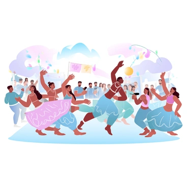 A vibrant parade is taking place, filled with dancers and musicians celebrating a traditional Indian festival. The dancers are adorned in colorful, flowing garments displaying intricate patterns and designs. They are moving gracefully, showcasing cultural dance forms. Various musicians are playing traditional instruments, such as drums and flutes, adding rhythm to the atmosphere. The parade route is decorated with bright banners and flowers, enhancing the festive mood. A crowd of onlookers is gathered on the sides, enjoying the lively performances.