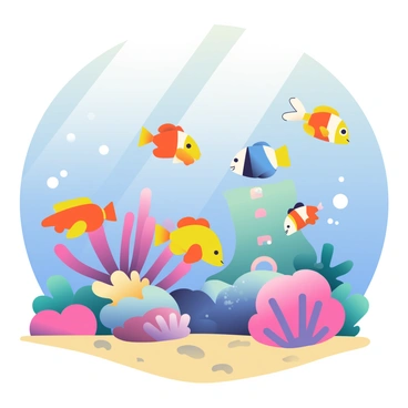 A vibrant underwater scene is depicted with a variety of colorful fish swimming around a coral reef. The fish display bright hues of orange, yellow, and blue as they weave through the coral formations. The coral reef consists of various shapes and textures, including branching corals and flat plates, all adorned with shades of pink, purple, and green. Sunlight filters through the water's surface, casting shimmering patterns on the sandy ocean floor below. Small bubbles rise gently from the fish and coral, adding to the lively atmosphere of the underwater world.