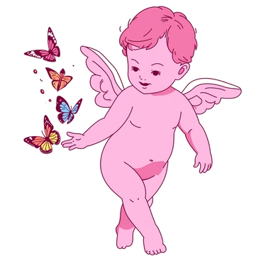 A pink cherub with soft, rounded features is gently holding out a small hand. The cherub's wings are delicate and feathered, glistening in light. Several colorful butterflies, featuring vibrant patterns, are landing gracefully on the cherub's hand. The butterflies are in shades of orange, blue, yellow, and red, showcasing their intricate designs. The cherub stands in a serene pose, with a gentle expression on its face as it interacts with the fluttering butterflies.