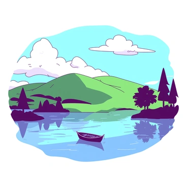 A completed artwork featuring a duotone landscape. The scene includes a rolling hill painted in a vibrant color_1 under a sky filled with fluffy clouds in color_2. In the foreground, there is a serene lake reflecting the colors of the sky. A few trees with textured leaves are scattered along the banks of the lake, adding depth to the composition. A small wooden boat is gently floating on the water, positioned near the center of the lake. The overall atmosphere conveys a peaceful setting, ready for submission in an illustration test.