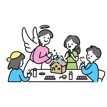 An angel with large white wings and a flowing robe stands in the center. The angel is smiling down at a group of four happy children, who are gathered around a wooden table. One child, wearing a red sweater, is carefully frosting a gingerbread house, while another child in a blue shirt is adding colorful candies. A girl in a green dress is holding a handful of sprinkles, ready to sprinkle them on the house, and a boy in a yellow hat is clapping his hands with joy. The table is filled with various decoration supplies like icing tubes and bags of candy.