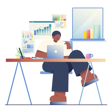 An entrepreneur with medium skin and short dark hair is sitting at a wooden desk, focused on analyzing website analytics on a silver laptop. She is wearing a white blouse and black trousers. Surrounding her are various marketing materials, including colorful brochures and flyers spread across the desk. A notepad with blue graphs and a black pen is also placed on the table. To her left, there is a small potted plant adding a touch of greenery to the workspace. A cup of steaming coffee is sitting on the right side of the desk. The room is well-lit with natural light coming through a nearby window.