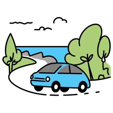 An electric car, painted in a vibrant shade of blue, is driving along a winding coastal road. The car is sleek and modern, with a smooth, aerodynamic design. Lush greenery lines the road, consisting of a variety of trees and shrubs that frame the scene. In the background, a clear blue ocean stretches out, with gentle waves lapping against the rocky shoreline. The sky above is bright and clear, with a few fluffy white clouds scattered across it. The overall composition captures the essence of a beautiful day by the coast.