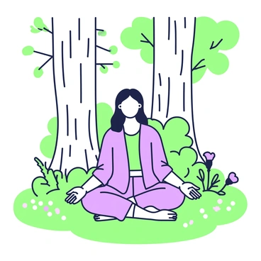 A person is sitting cross-legged on a patch of soft grass in a forest clearing. The individual has long hair and is wearing comfortable, loose-fitting clothing. Their hands rest on their knees, palms facing upward in a meditative pose. Surrounding this person are tall trees with thick trunks and a variety of green leaves filtering sunlight. In the background, there are soft ferns and small wildflowers scattered across the ground. A gentle breeze rustles the leaves, adding to the tranquil atmosphere.