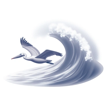 A brown pelican is captured in mid-flight with its wings spread wide. The bird is gliding gracefully above the water, showcasing its long beak and distinctive features. Behind the pelican, a large wave is rising, curling upwards with intense energy. The wave has intricate details, with foam forming at its crest and spray being thrown into the air. The scene conveys a sense of dynamic movement and the power of nature in action.