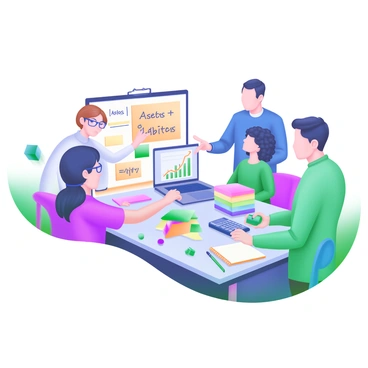 A modern pastel illustration depicting a group of four accountants gathered around a large table. One accountant, a woman with glasses, is writing on a sticky note, which displays the accounting equation "Assets = Liabilities + Equity". Another accountant, a man in a blue shirt, is pointing at a chart on a laptop screen. The third accountant, a woman with curly hair, is sorting through a stack of colorful sticky notes. The fourth accountant, a man in a green sweater, is taking notes in a notebook. The table is covered with various sticky notes, pens, and a calculator, creating a collaborative atmosphere.