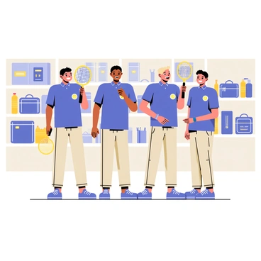 The staff of the badminton store stands together in a bright, well-lit area of the store. Each staff member is wearing matching uniforms, which consist of navy blue shirts with the store logo on the front and khaki pants. They are all smiling and have a friendly demeanor, showcasing their readiness to assist customers. Behind them, the store shelves are stocked with various badminton equipment, including racquets, shuttlecocks, and sports bags, adding to the lively atmosphere of the scene. One staff member is holding a badminton racquet, while another is pointing towards a display of shuttlecocks, indicating their eagerness to help.