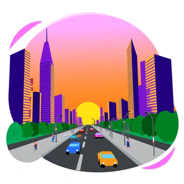 A bustling city skyline during sunset, showcasing several tall skyscrapers with reflective glass windows that catch the warm orange and pink hues of the sky. The scene includes a variety of architectural styles, with some buildings featuring modern designs and others having classic elements. Below, busy streets are filled with cars and pedestrians, creating a sense of movement. Streetlights are beginning to turn on, illuminating the sidewalks, while a few trees add greenery to the urban landscape.