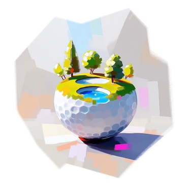 A close-up view of a golf ball with a tiny world depicted on its surface. The ball features a lush landscape with miniature green trees scattered across the dimples, some appearing tall and slender while others are bushy. Sparkling blue lakes are nestled amidst the greenery, reflecting the light above. The scene is dotted with small hills and valleys, creating a diverse terrain. A soft, natural light enhances the vibrant colors of the tiny ecosystem, making the trees and water truly stand out against the white texture of the golf ball.