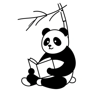 A panda with black and white fur, sitting cross-legged under a tall bamboo tree. The panda is holding an open book with both paws, deeply focused on the text. Its expression is calm and peaceful, reflecting a sense of contentment. The bamboo leaves are gently swaying in the breeze above the panda, creating a serene atmosphere around it.