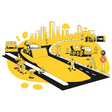 A busy highway scene with construction activity in progress. Workers in safety vests are laying yellow asphalt on the road. Some workers are directing traffic with stop-and-go signs, while others operate heavy machinery. Construction cones are placed along the roadside, and construction vehicles are parked nearby. A clear blue sky is visible above, and in the distance, the outline of buildings can be seen contrasting against the scene.