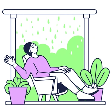 A blind person is sitting on a sheltered porch, leaning back in a comfortable chair. They are wearing a light, loose-fitting shirt and have a calm expression on their face. The person has their eyes closed, fully immersed in the experience of the rain. Their left hand is extended outward, feeling the drops as they fall, while their right hand rests on the arm of the chair. Surrounding them, there are potted plants with green leaves, softly illuminated by the ambient light filtering through the porch. In the background, the blurred outline of trees can be seen, their branches gently swaying in the breeze.